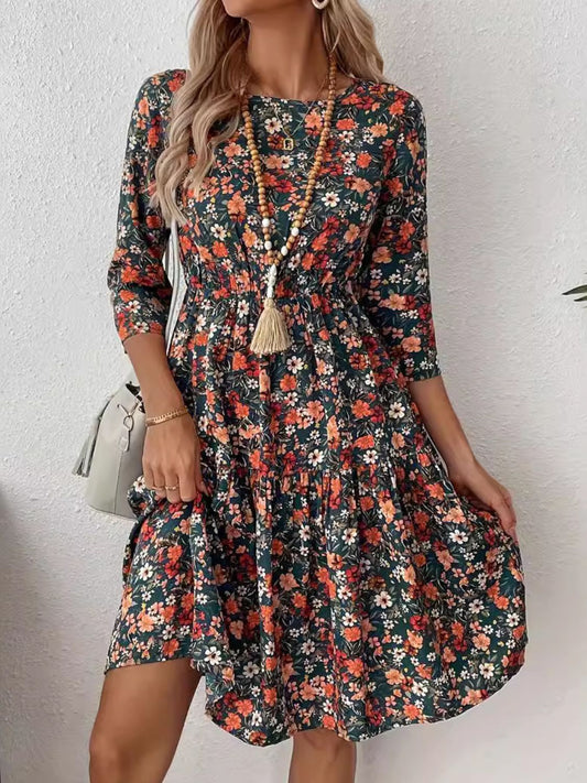Frill Floral Round Neck Dress - Classique Collection