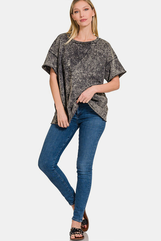 Zenana Rolled Round Neck Short Sleeve T-Shirt - Classique Collection