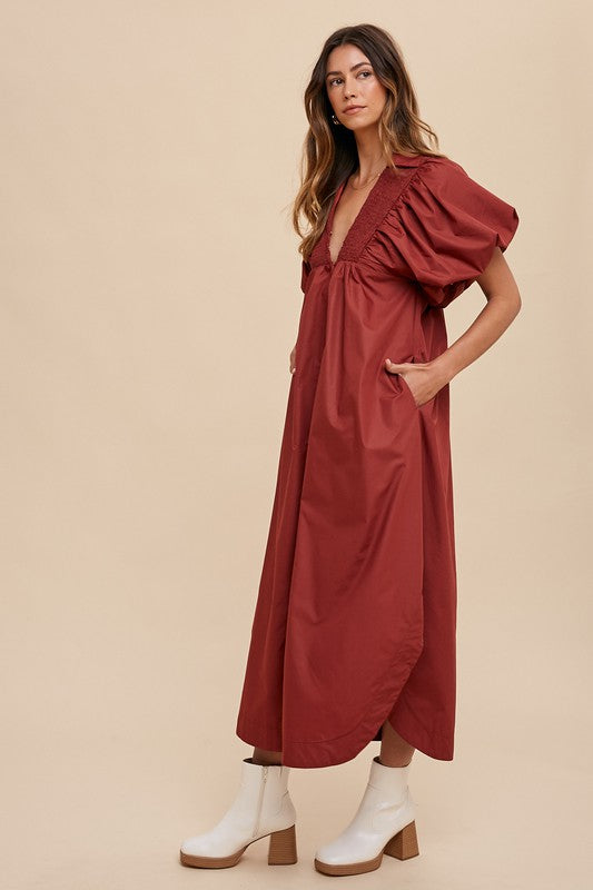 Annie Wear Smocked Puff Sleeve Midi Dress - ClassiQ