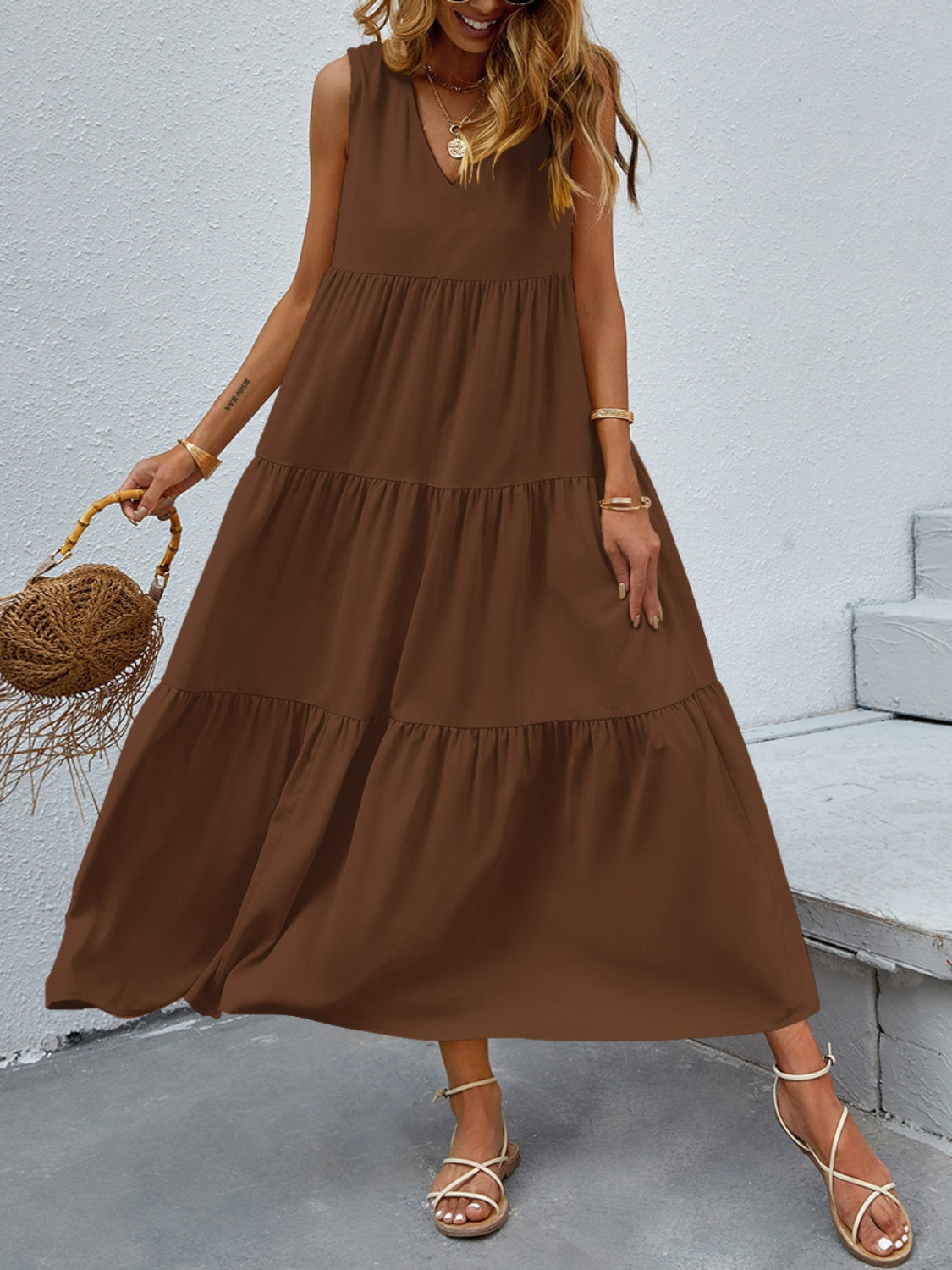 FAM-FAM Tiered V-Neck Sleeveless Dress - Classique Collection
