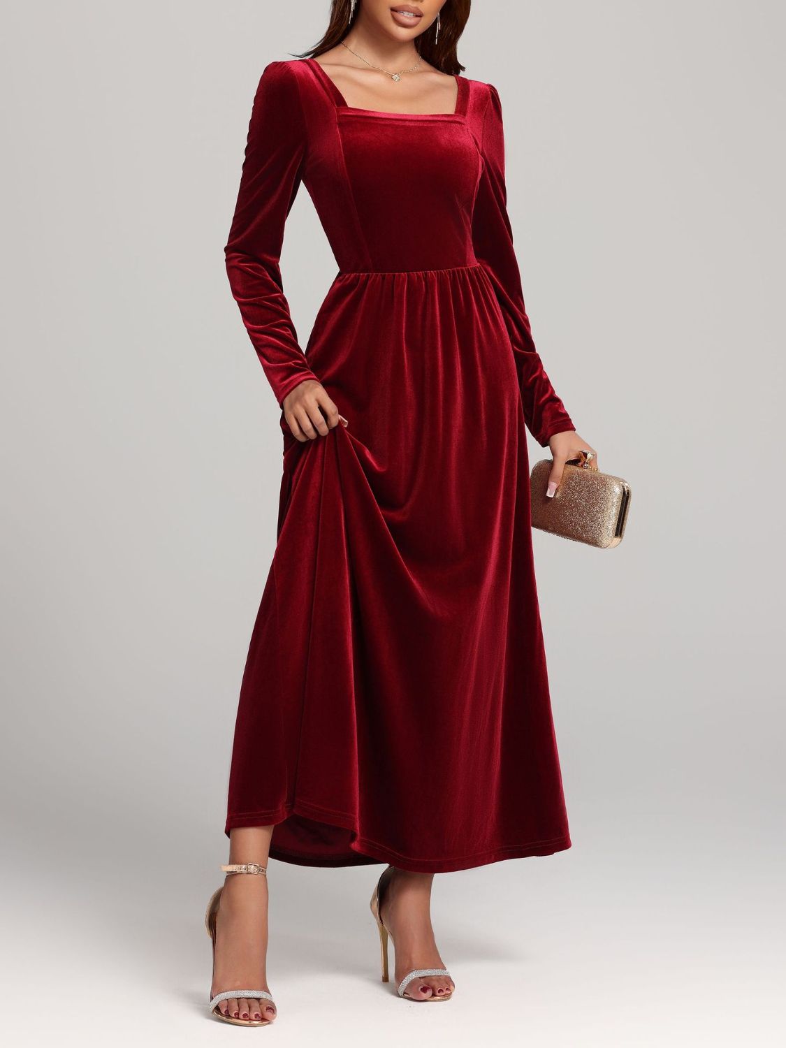 Velvet Square Neck Long Sleeve Dress - Classique Collection