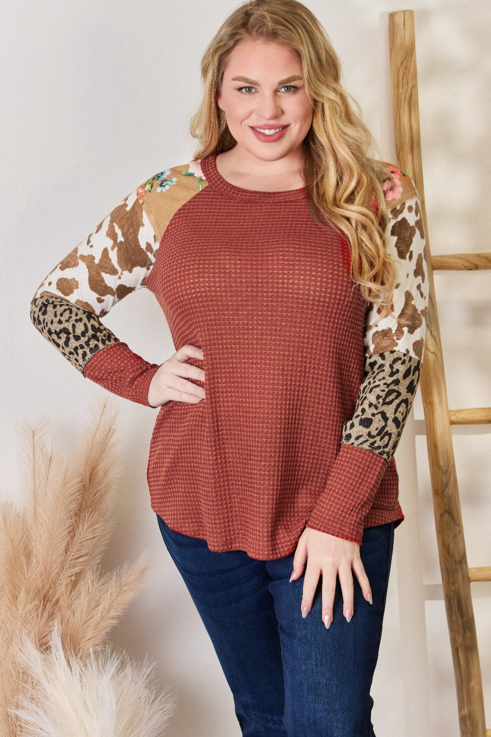 Hailey & Co Full Size Leopard Waffle-Knit Blouse - Classique Collection