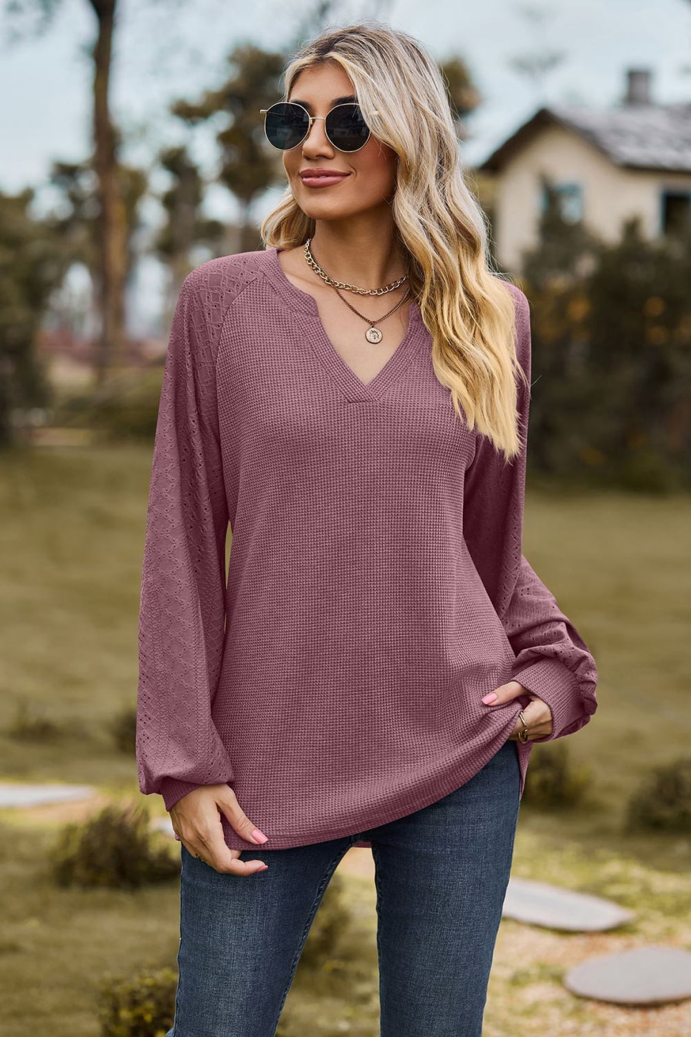 Notched Neck Raglan Sleeve Blouse - Classique Collection