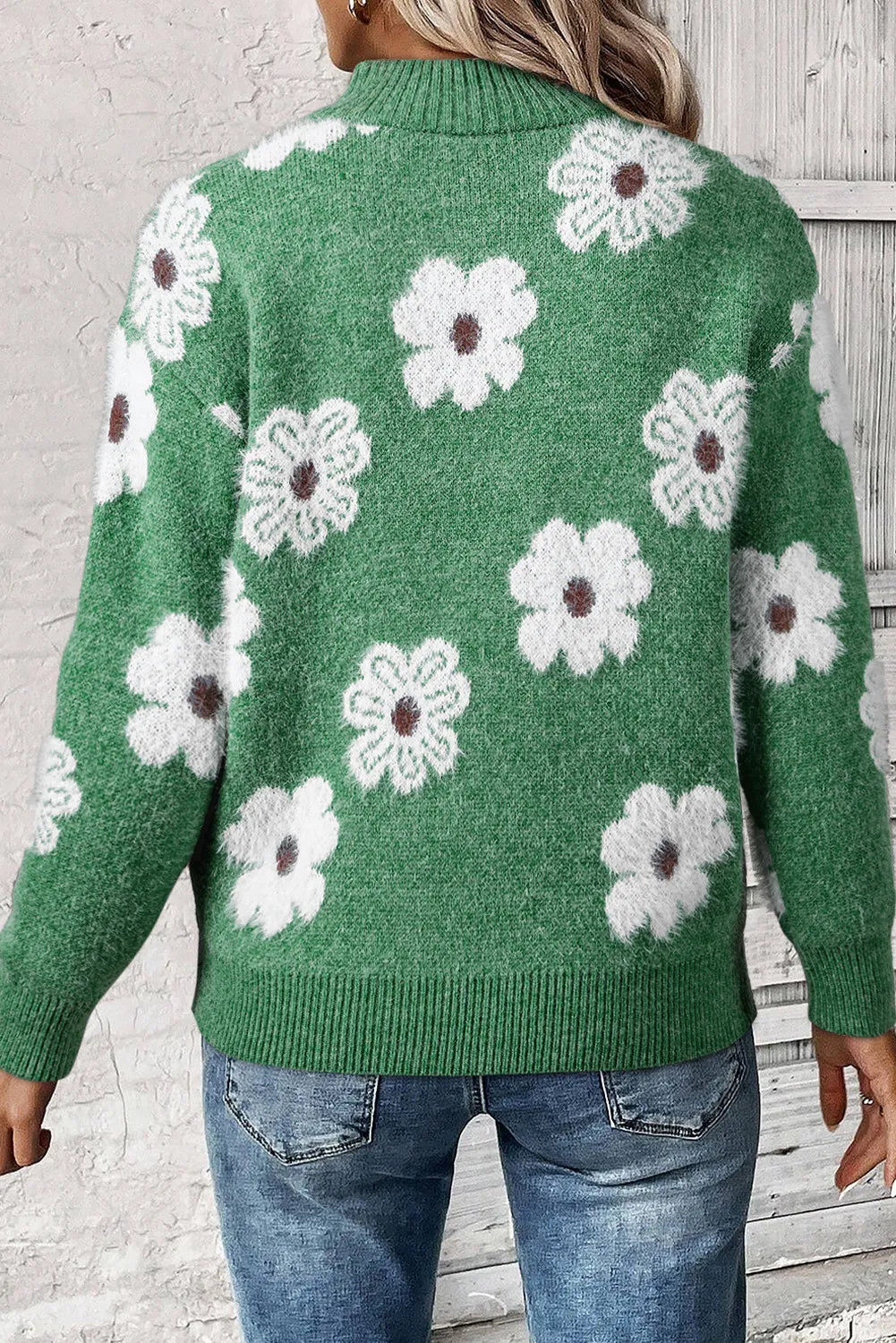 Flower Half Zip Long Sleeve Sweater - ClassiQ