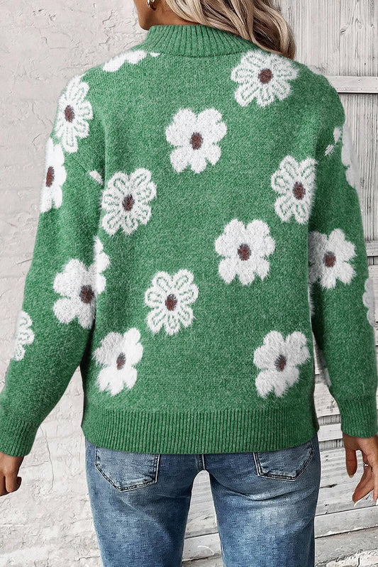 Flower Half Zip Long Sleeve Sweater - ClassiQ