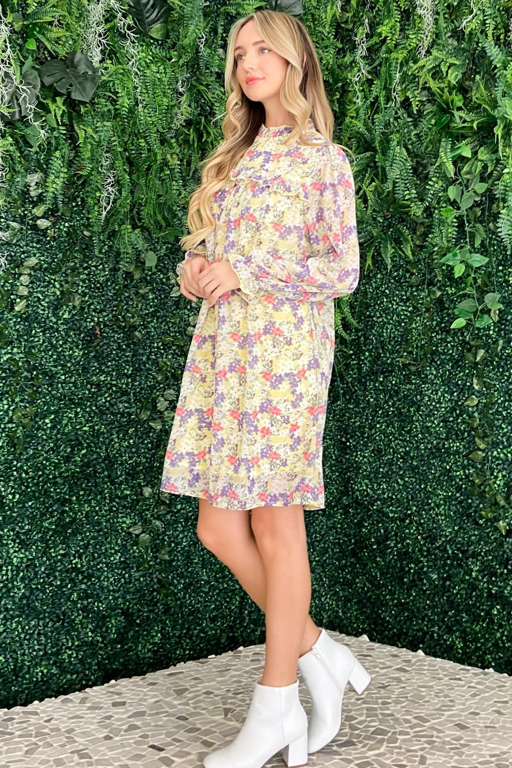 And The Why Floral Mock Neck Flounce Sleeve Dress - Classique Collection