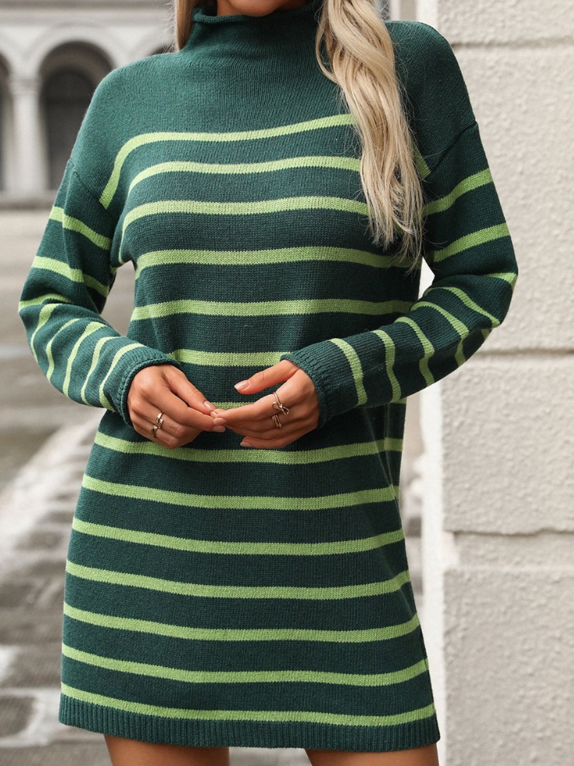 Striped Mock Neck Long Sleeve Mini Dress - Classique Collection