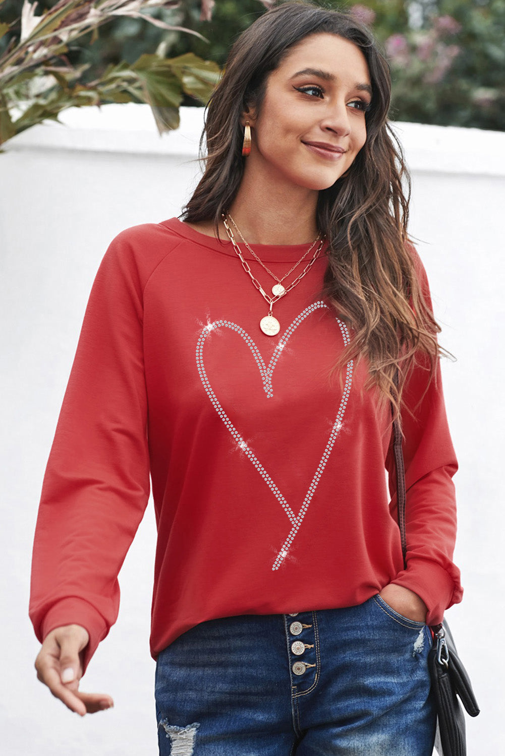 Heart Round Neck Long Sleeve Sweatshirt - ClassiQ