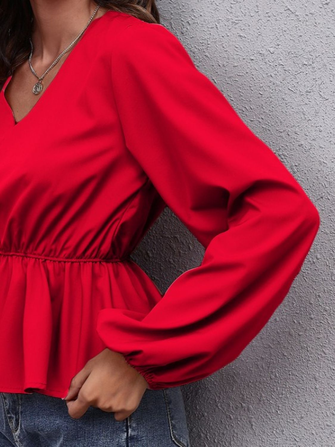 V-Neck Balloon Sleeve Peplum Blouse - Classique Collection