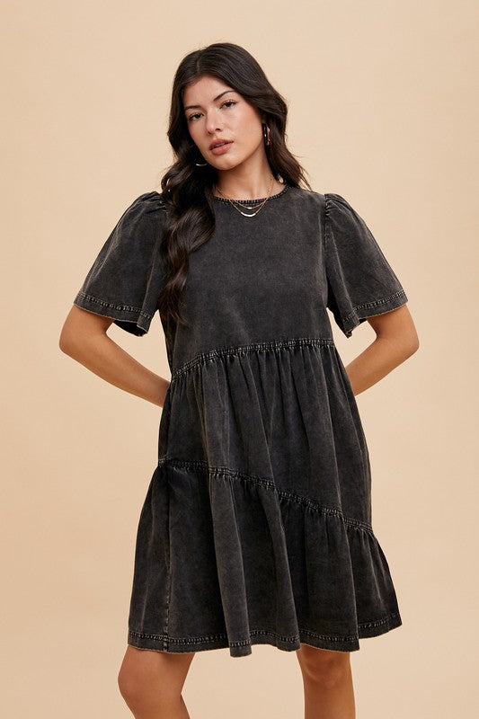 Annie Wear Mineral Washed Round Neck Short Sleeve Denim Dress - ClassiQ