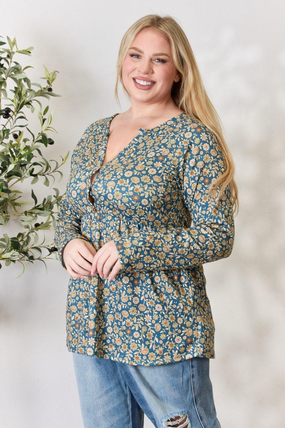 Heimish Full Size Floral Half Button Long Sleeve Blouse - Classique Collection