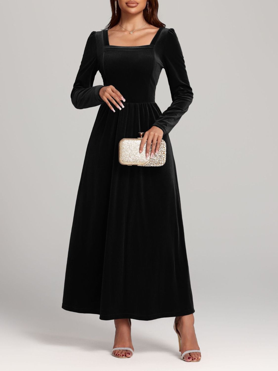 Velvet Square Neck Long Sleeve Dress - Classique Collection