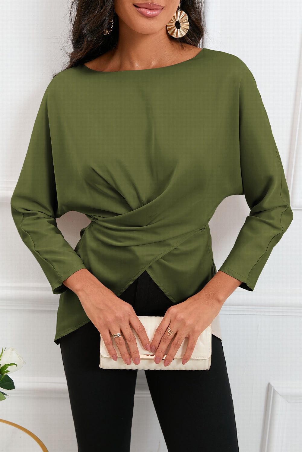 Boat Neck Back Tie Long Sleeve Satin Blouse - Classique Collection
