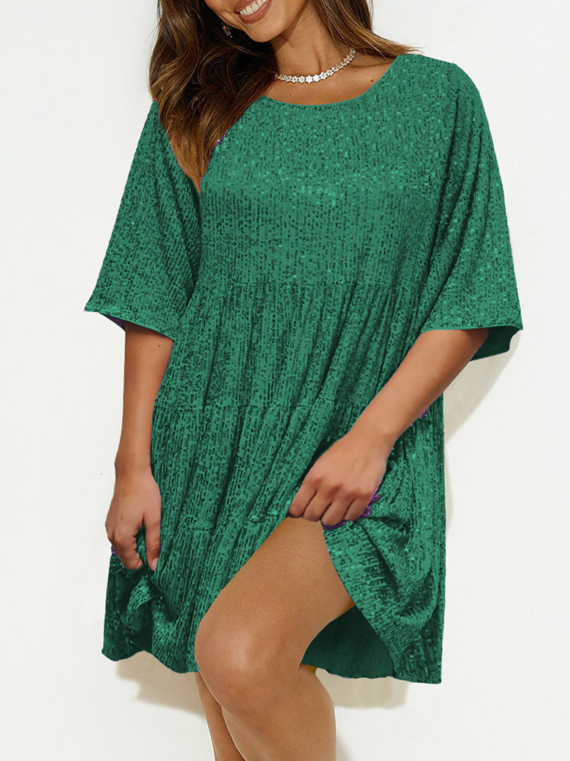 Sequin Round Neck Half Sleeve Mini Dress - Classique Collection