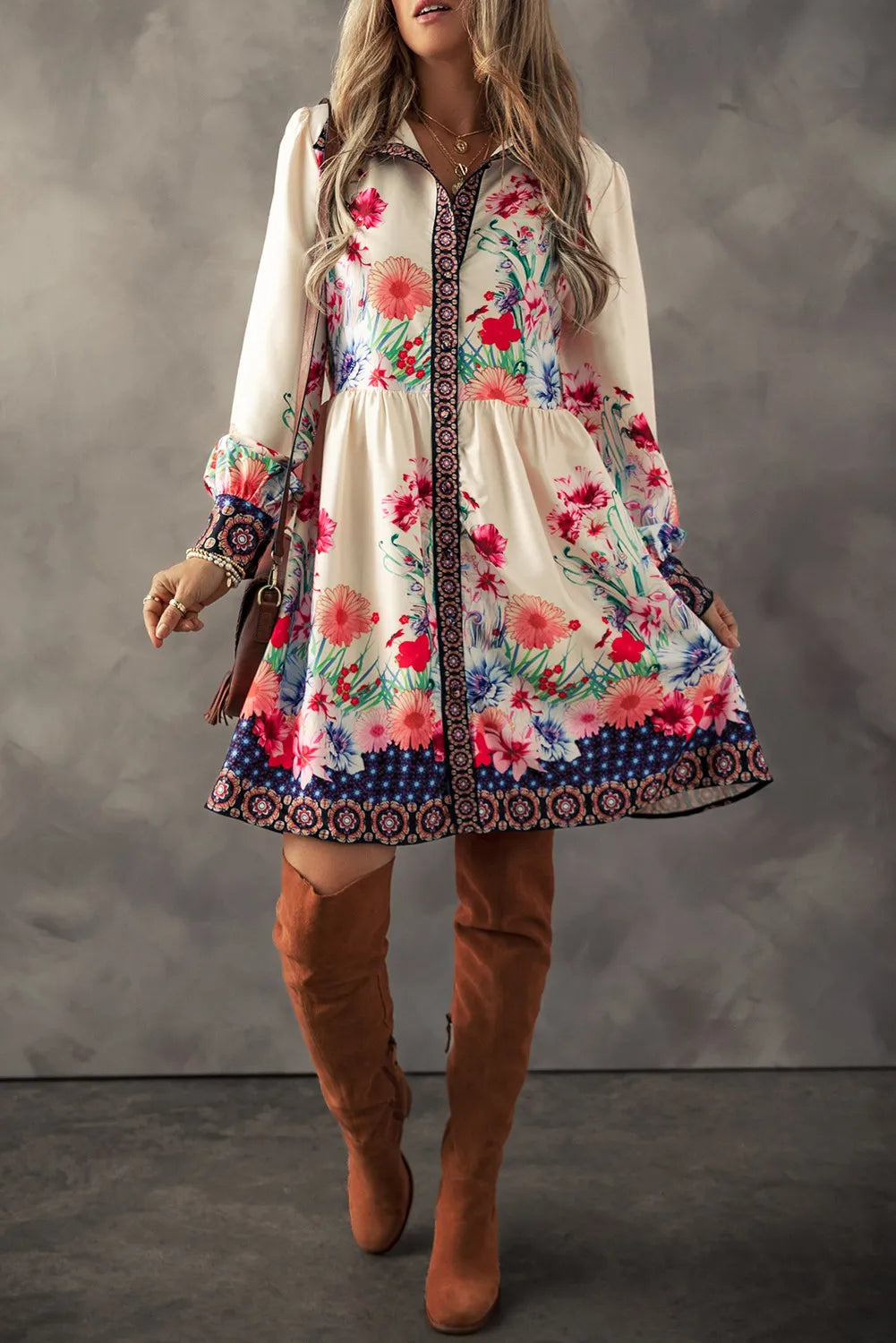 Flower Button Down Lantern Sleeve Dress - Classique Collection