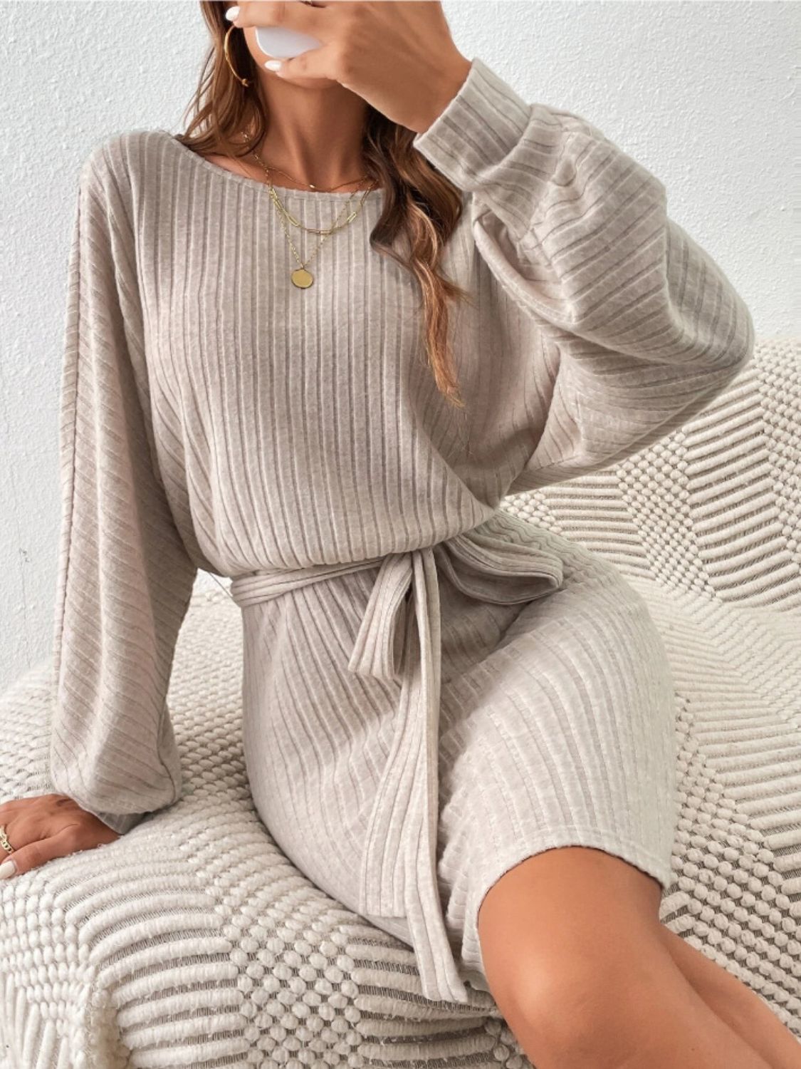 Round Neck Tie Waist Long Sleeve Mini Dress - Classique Collection