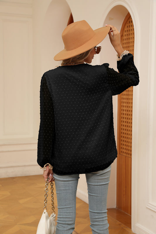 Swiss Dot Contrast V-Neck Blouse - ClassiQ