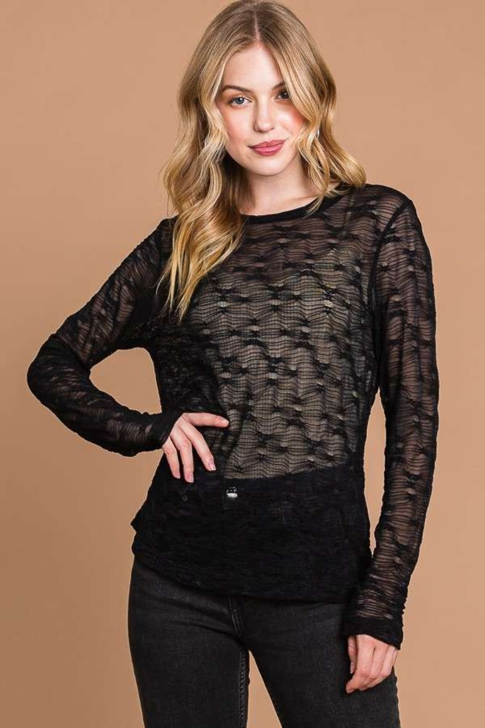 Culture Code Full Size Round Neck Mesh Perspective Top - Classique Collection