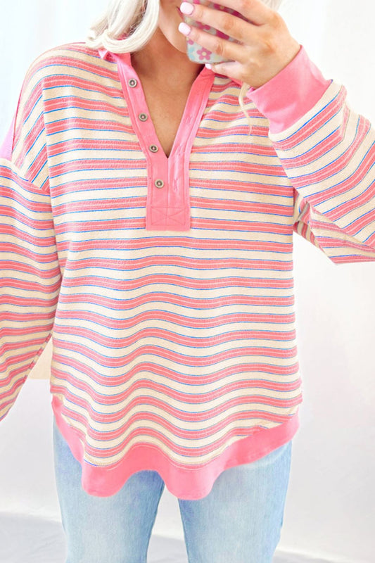 Striped Johnny Collar Long Sleeve Sweatshirt - Classique Collection