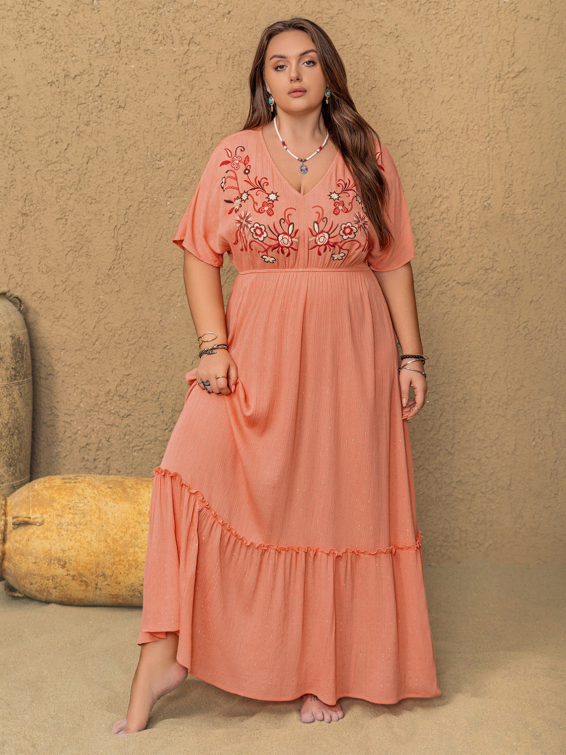 Plus Size Frill Embroidered V-Neck Half Sleeve Maxi Dress - Classique Collection