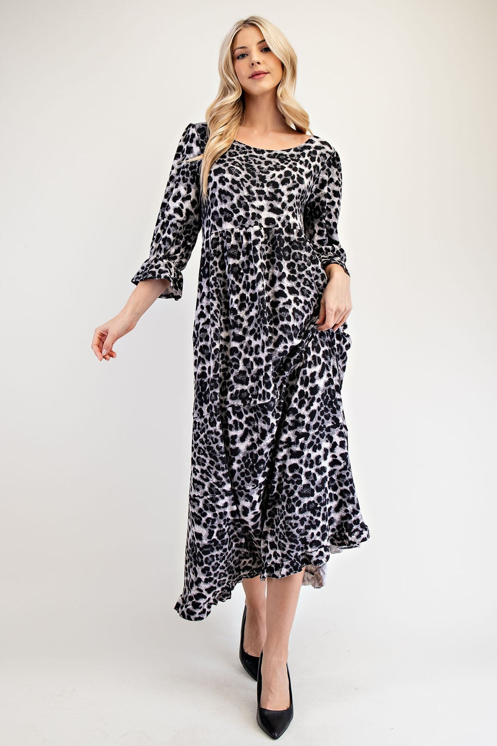Celeste Full Size Leopard Round Neck Flounce Sleeve Dress - Classique Collection