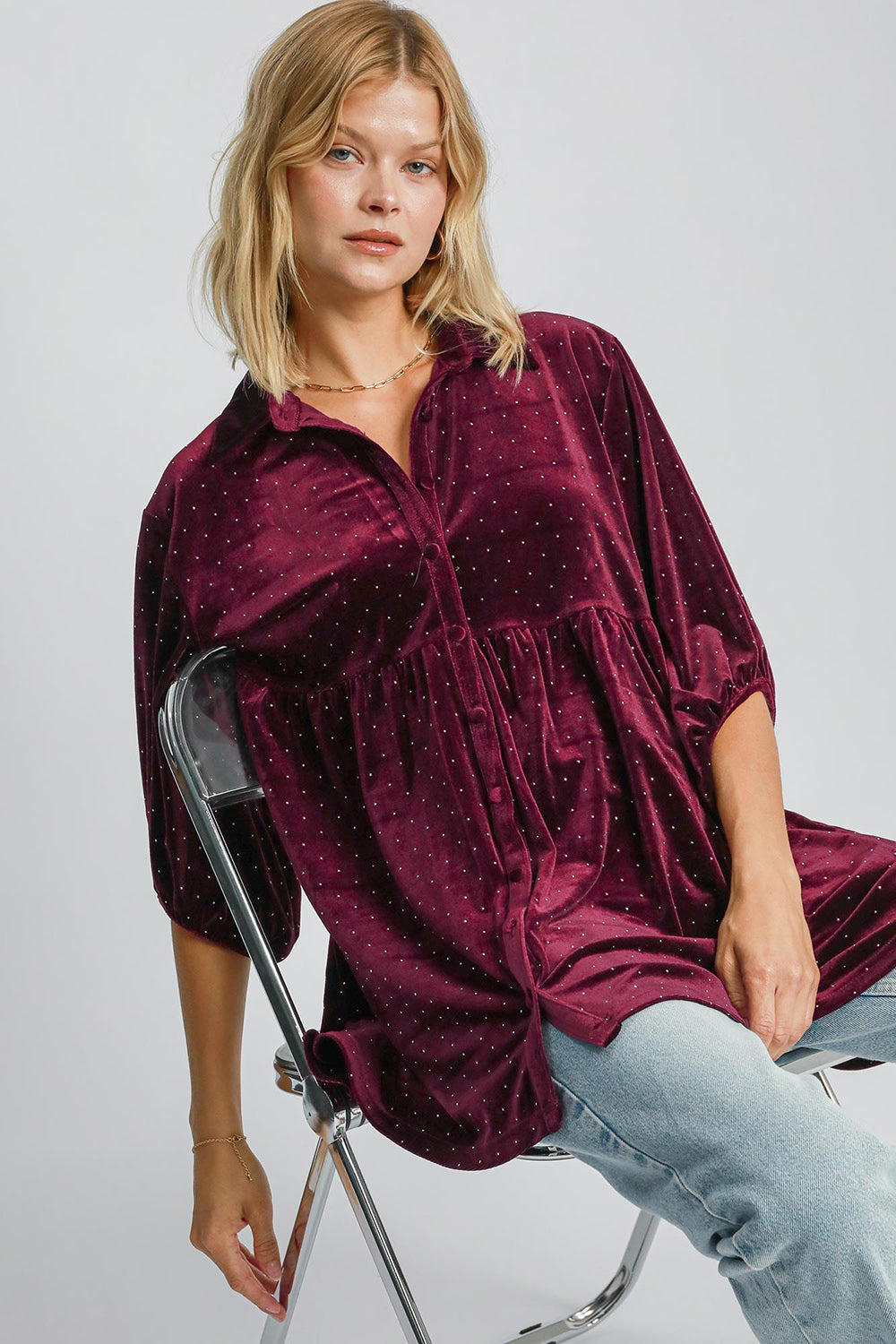 Umgee Full Size Polka Dot Button Up Half Sleeve Shirt - Classique Collection