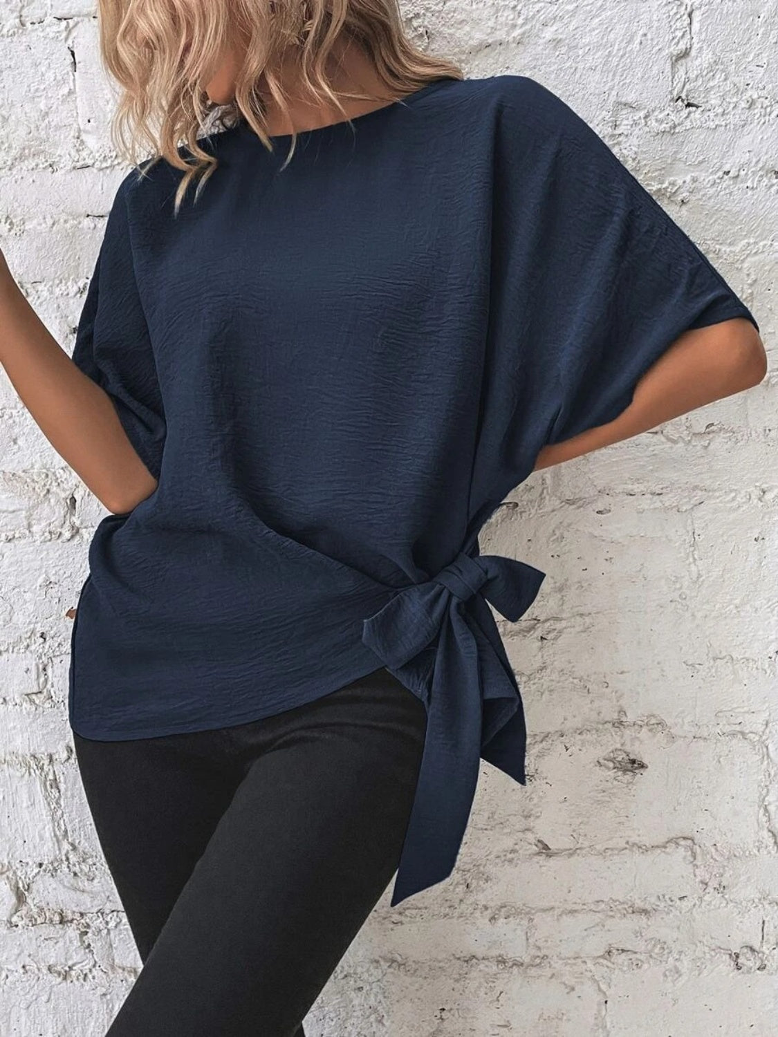 Knotted Round Neck Half Sleeve Blouse - ClassiQ