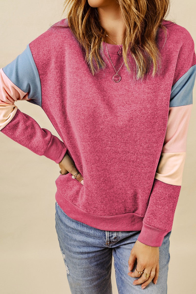 Color Block Round Neck Long Sleeve Sweatshirt - ClassiQ