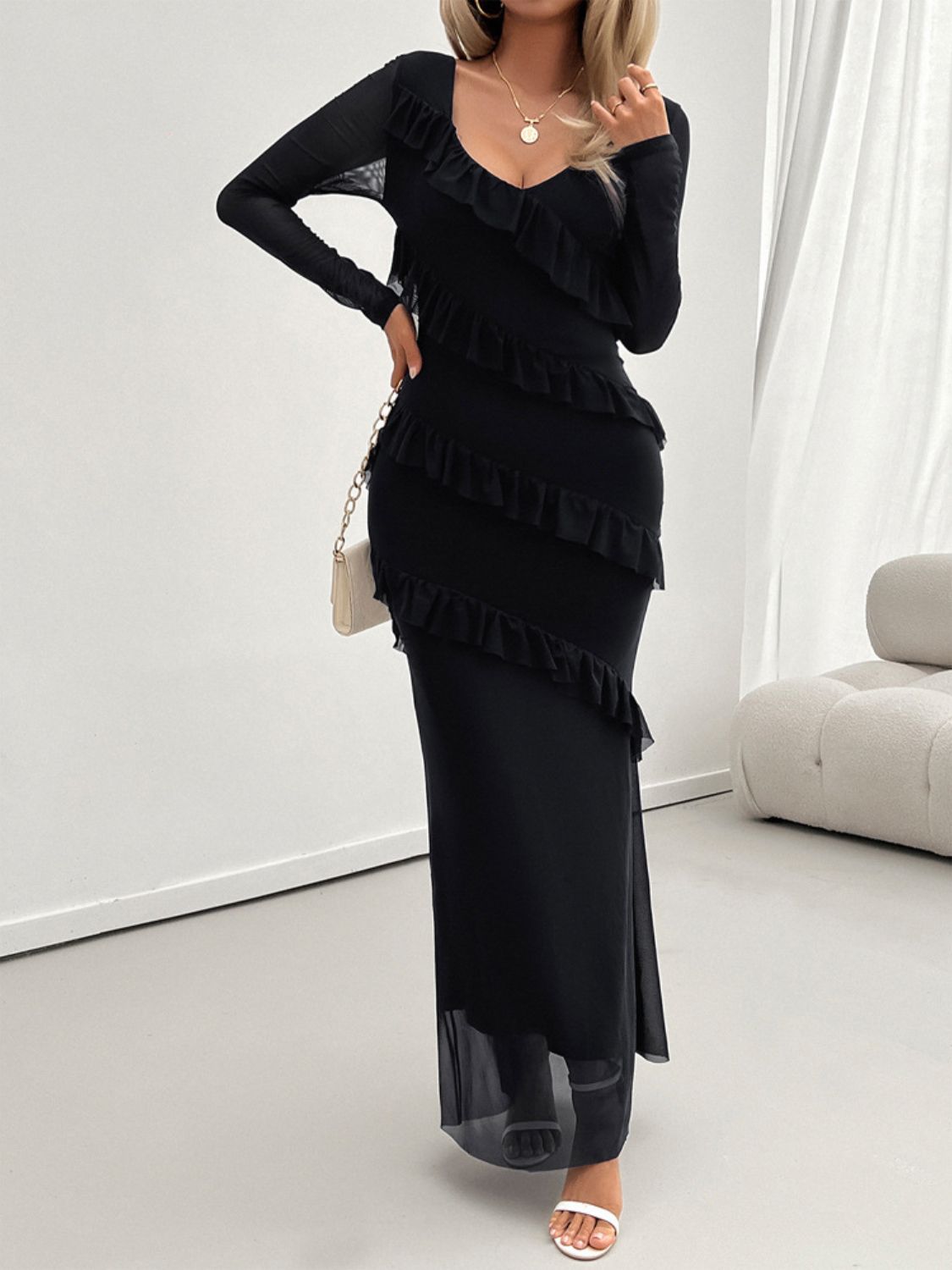 Devine Ruffled Surplice Long Sleeve Maxi Dress - Classique Collection