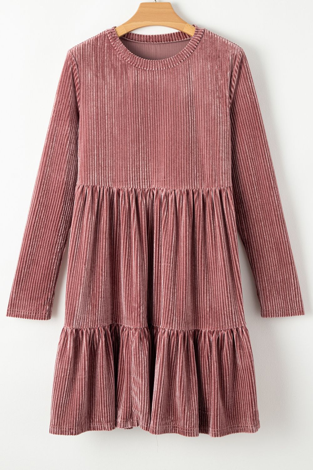 Ruffle Hem Round Neck Long Sleeve Dress - Classique Collection