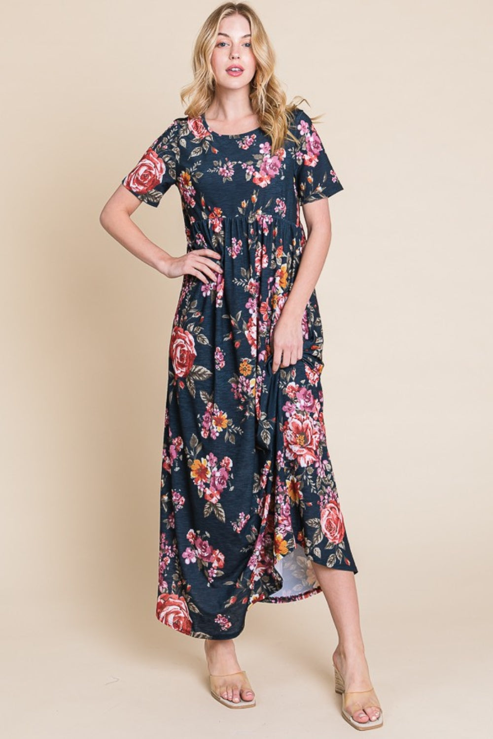 BOMBOM Floral Short Sleeve Maxi Dress - Classique Collection