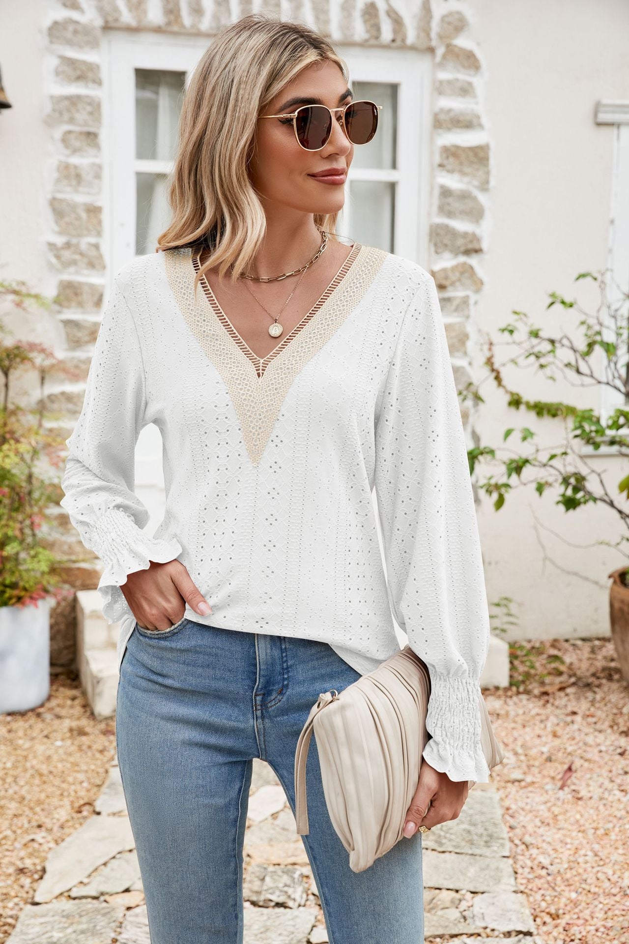 Eyelet V-Neck Smocked Flounce Sleeve Blouse - Classique Collection