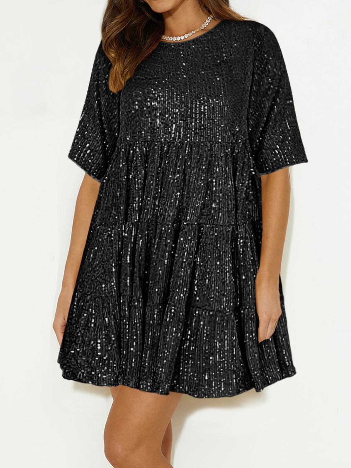 Sequin Round Neck Half Sleeve Mini Dress - Classique Collection