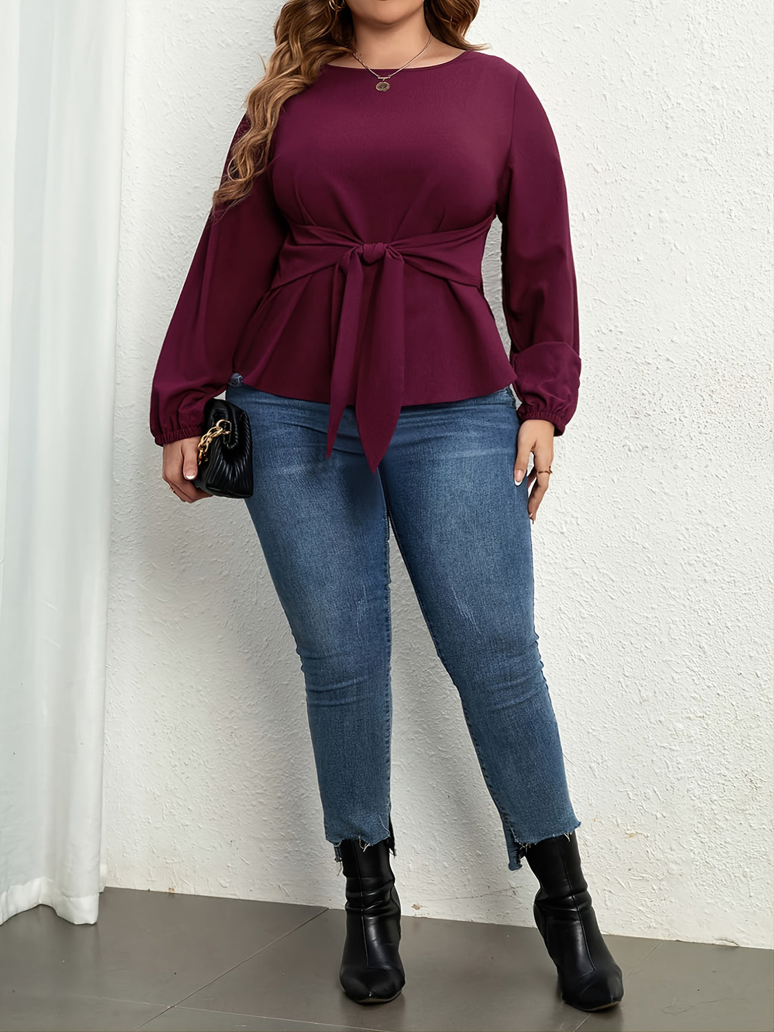 Plus Size Tie Front Long Sleeve Blouse - ClassiQ