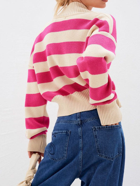 Striped Button Down Drop Shoulder Cardigan - Classique Collection