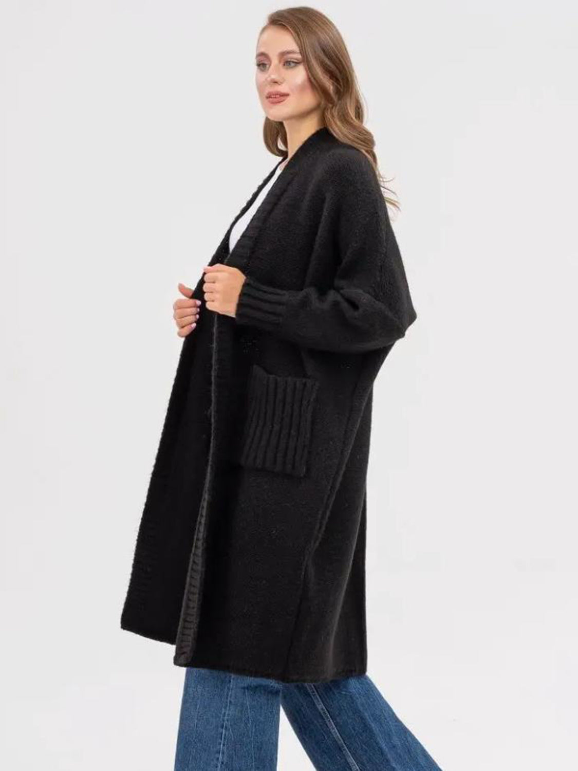 Pocketed Open Front Long Sleeve Longline Cardigan - ClassiQ