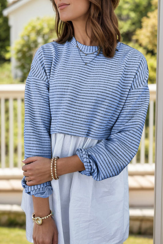 Striped Round Neck Long Sleeve Mini Dress - Classique Collection