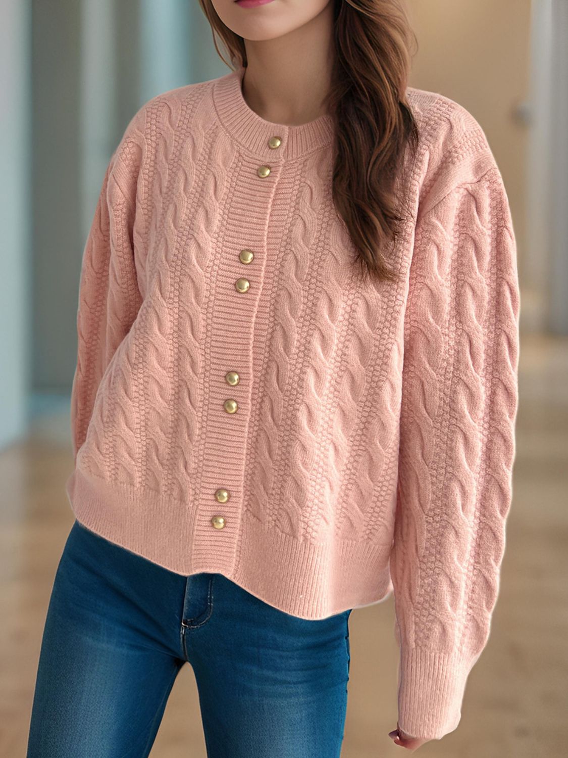 Cable-Knit Round Neck Long Sleeve Cardigan - ClassiQ