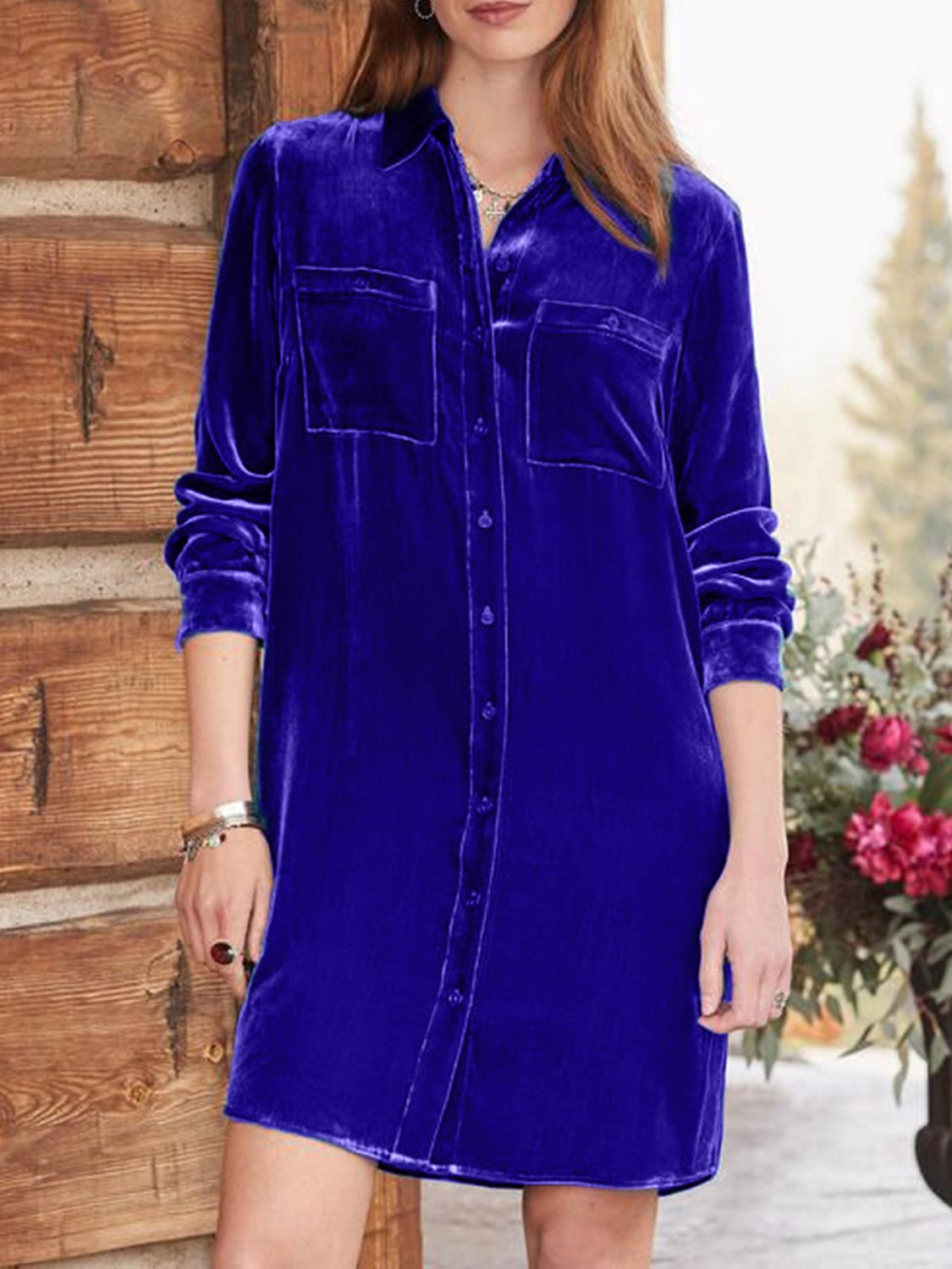 High-Low Button Up Long Sleeve Knee Length Dress - Classique Collection