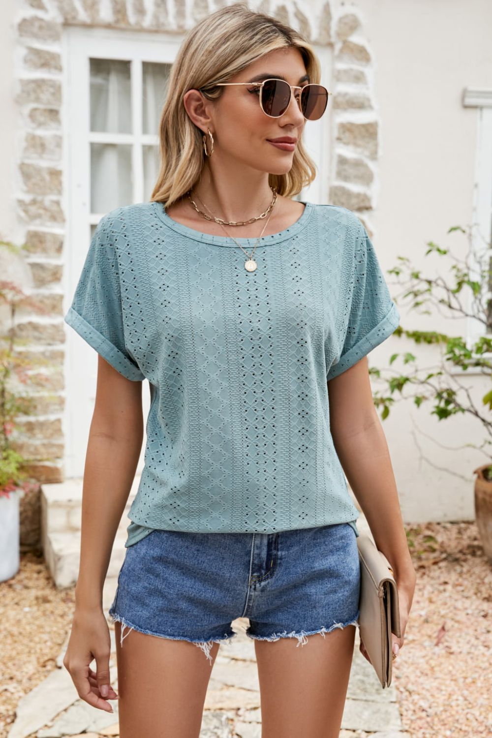 Full Size Round Neck Eyelet Short Sleeve Top - Classique Collection
