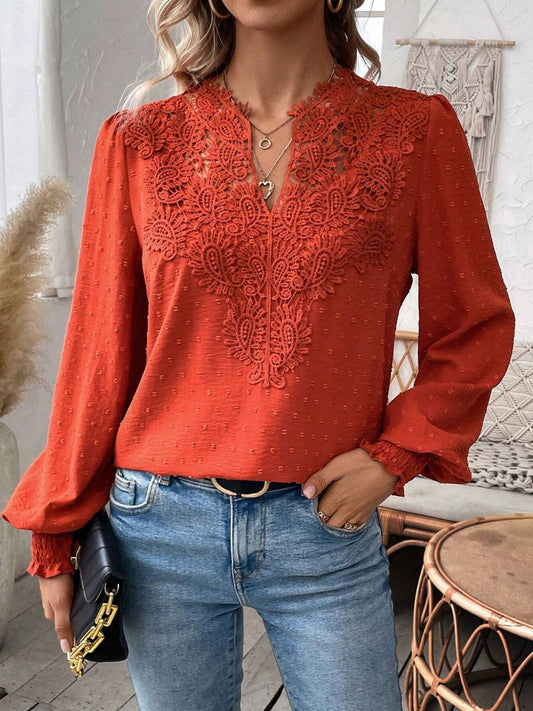 Swiss Dot Lace Detail Notched Long Sleeve Blouse - Classique Collection