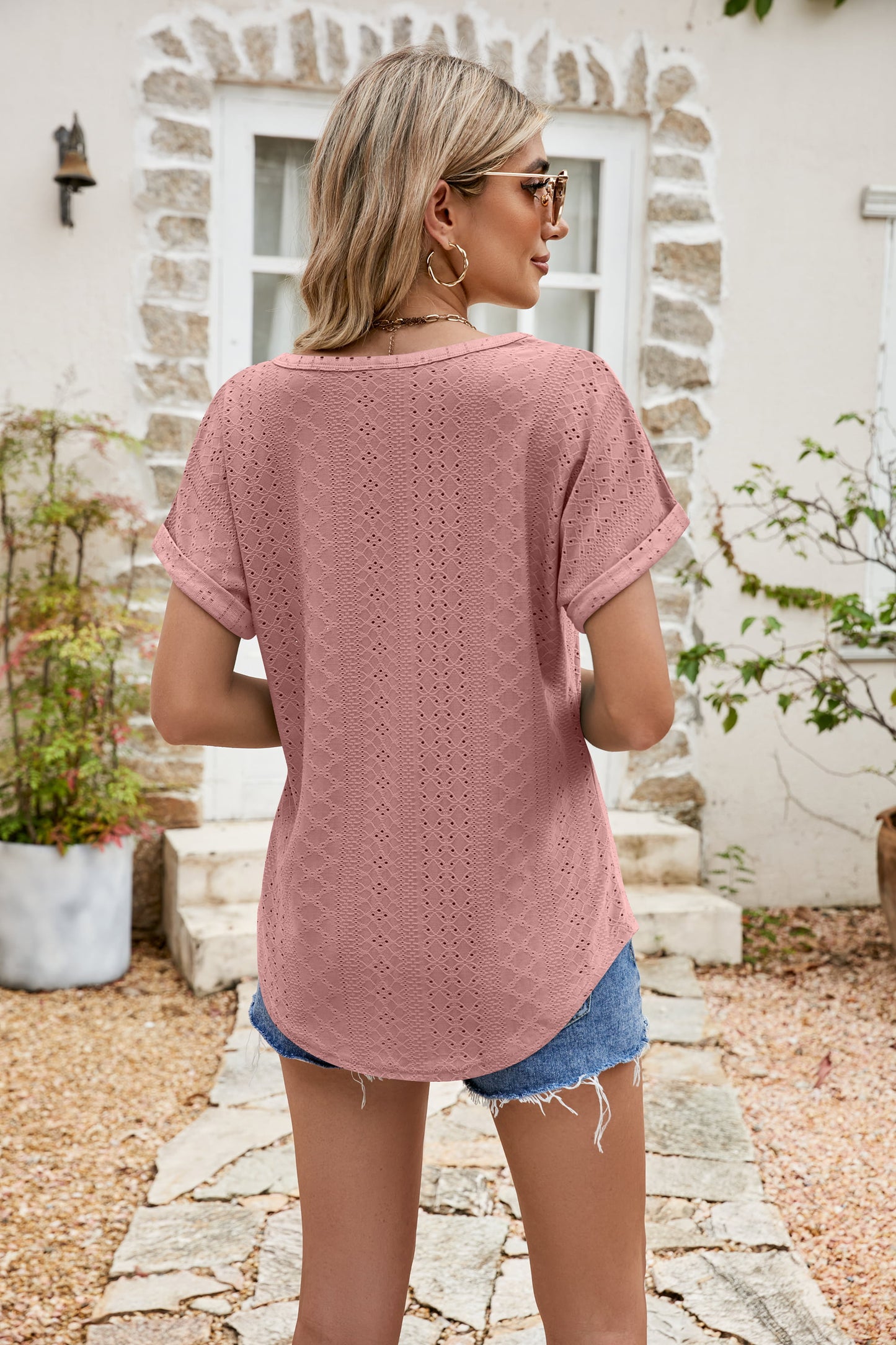 Full Size Round Neck Eyelet Short Sleeve Top - Classique Collection