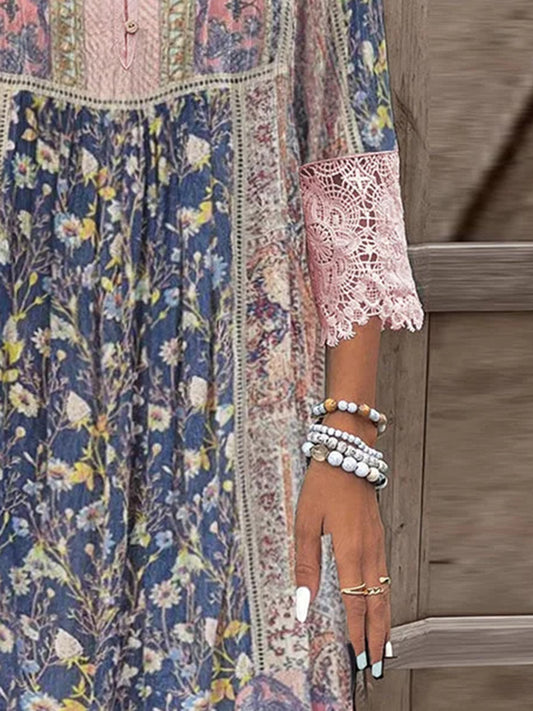 Full Size Lace Detail Printed Three-Quarter Sleeve Dress - Classique Collection
