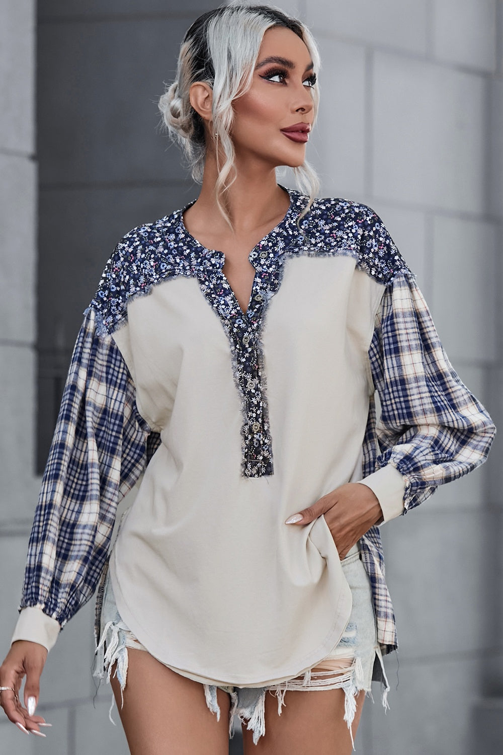 Plaid Notched Neck Slit Blouse - Classique Collection