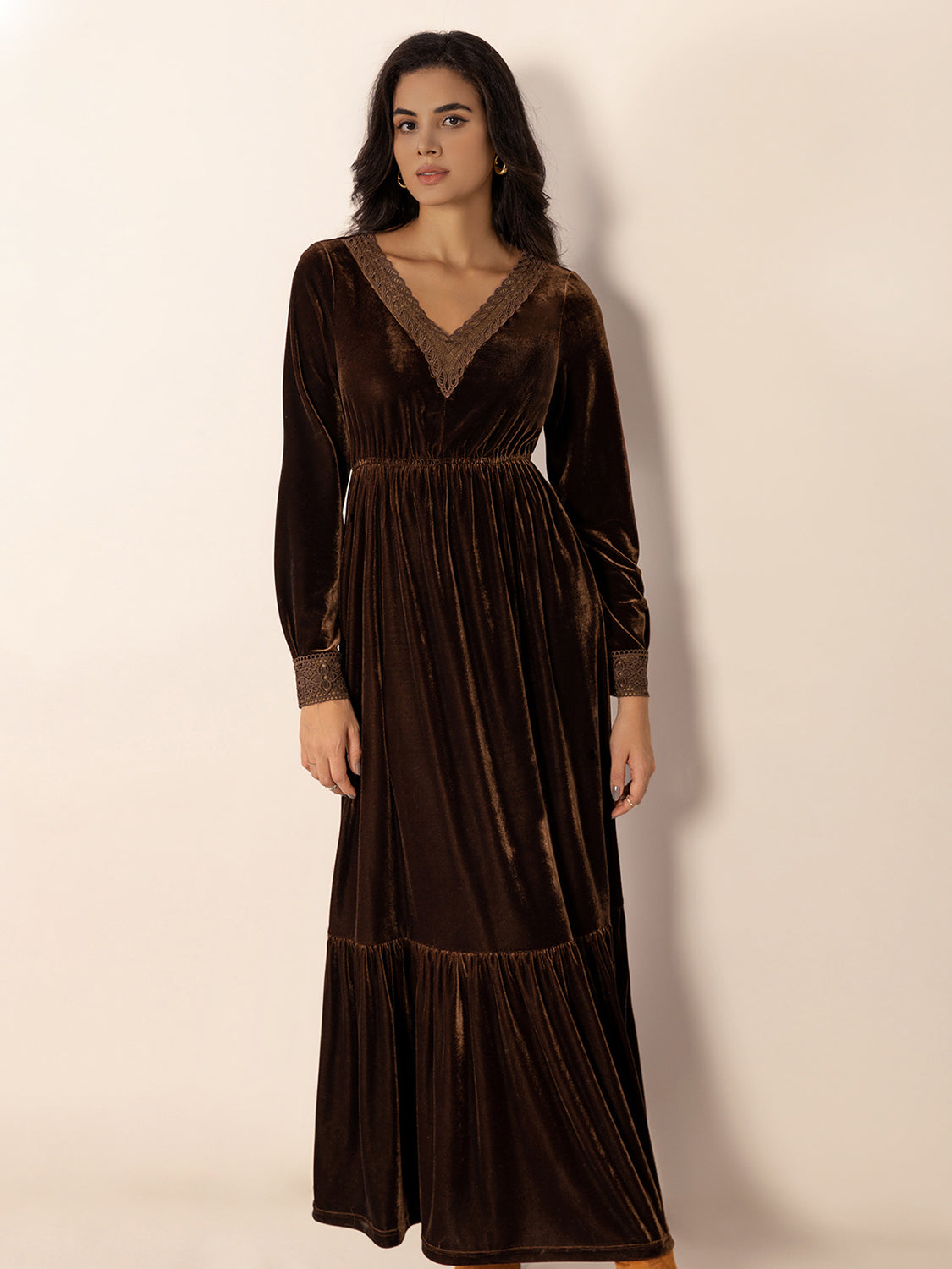 Lace Detail V-Neck Long Sleeve Maxi Dress - Classique Collection
