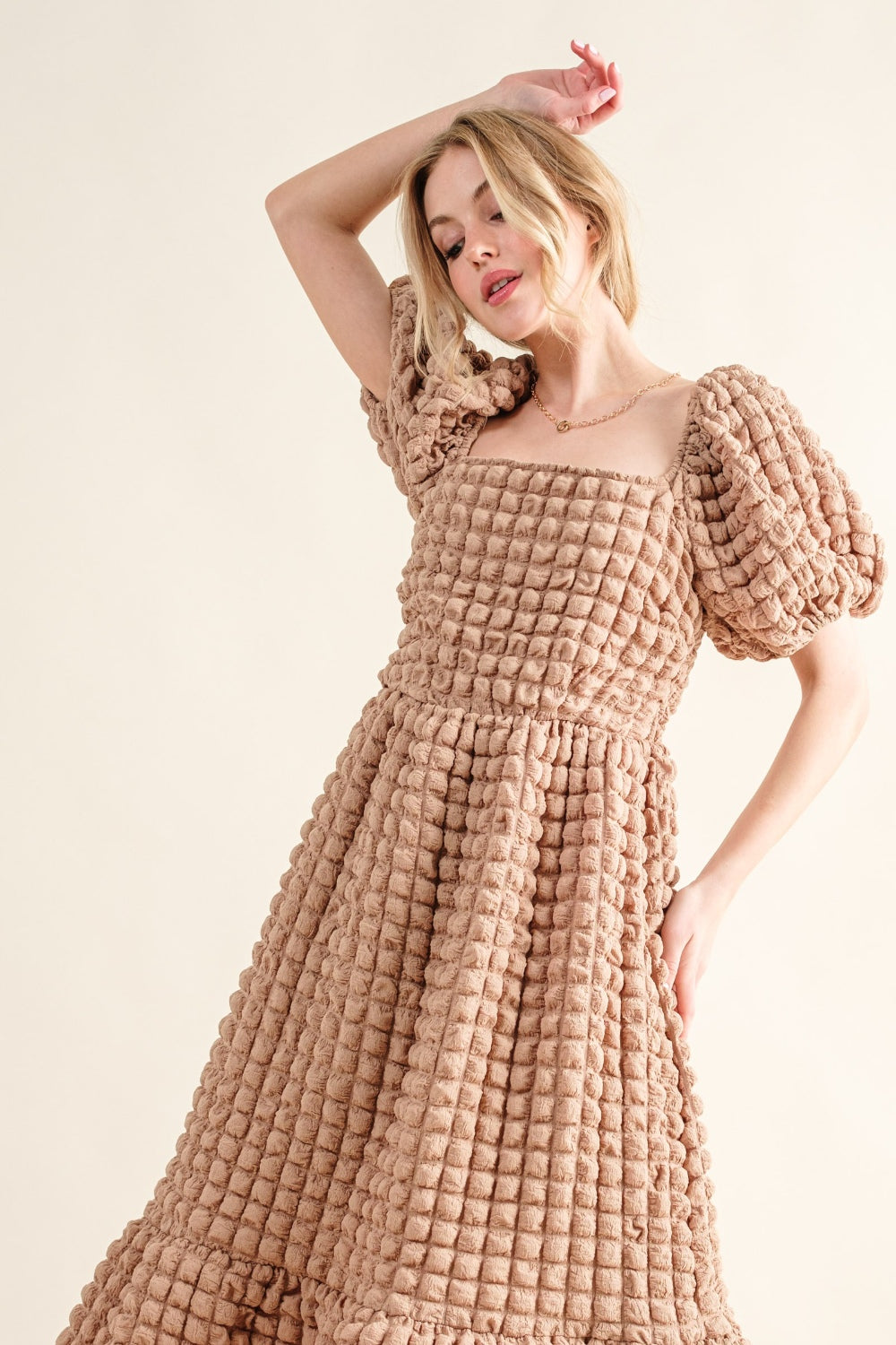 And The Why Full Size Square Neck Puff Sleeve Dress - Classique Collection