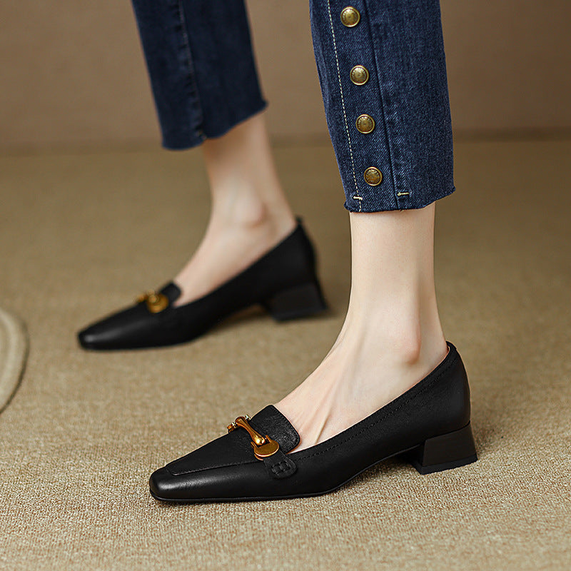 Spring And Autumn New Retro Square Toe Leather Shoes For Women ClassiQ