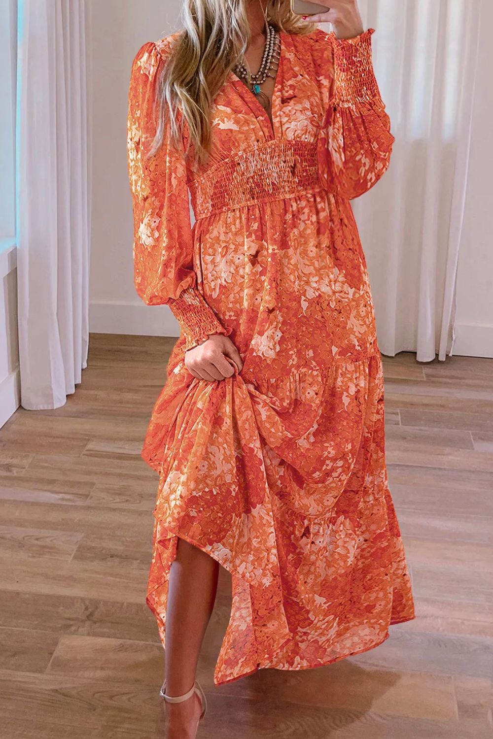 Smocked Printed V-Neck Long Sleeve Dress - Classique Collection