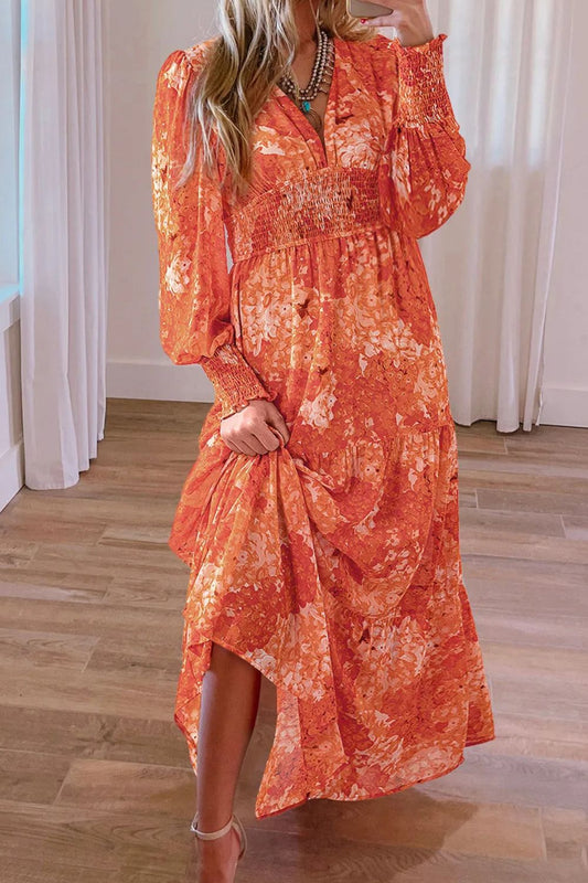 Smocked Printed V-Neck Long Sleeve Dress - Classique Collection