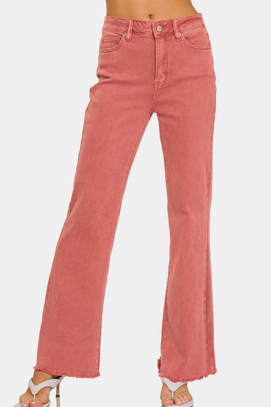 Zenana Acid Washed Frayed Hem Bootcut Jeans - Classique Collection